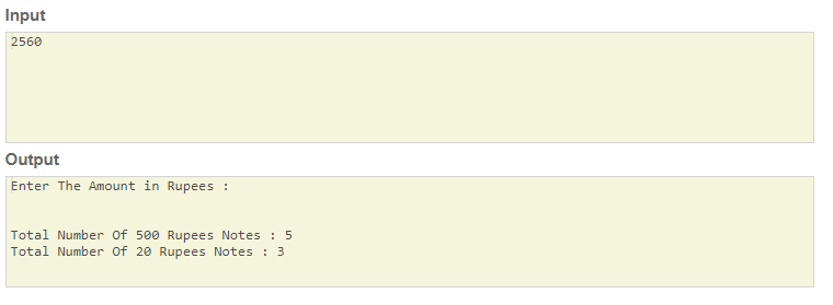 java program to print number of notes for amount given