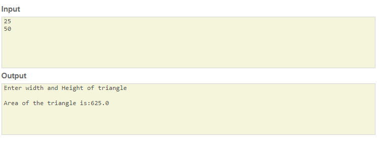 SkillPundit: JAVA Program To determine Area of triangle using base and height values To determine Area of triangle using base and height values SkillPundit