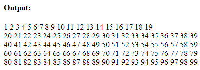SkillPundit: JavaScript Program To Display 1 to 99 numbers in 5 columns Sequentially Skillpundit: JavaScript Program to Display 1 to 99 numbers in 5 columns Sequentially