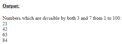 SkillPundit: Javascript Program To find the numbers which are divisible by both 3 and 7 from 1 to 100 To find the numbers which are divisible by both 3 and 7 from 1 to 100 SkillPundit