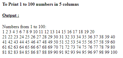 SkillPundit: PHP To Display 1to 99 Numbers in 5 Columns Sequentially SkillPundit: PHP To Display 1to 99 Numbers in 5 Columns Sequentially