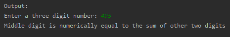 SkillPundit: Python Program To Check Middle digit of given 3 digit number is Equal to the Sum of Other Two Digits or Not To Check Middle digit of given 3 digit number is Equal to the Sum of Other Two digits or Not SkillPundit